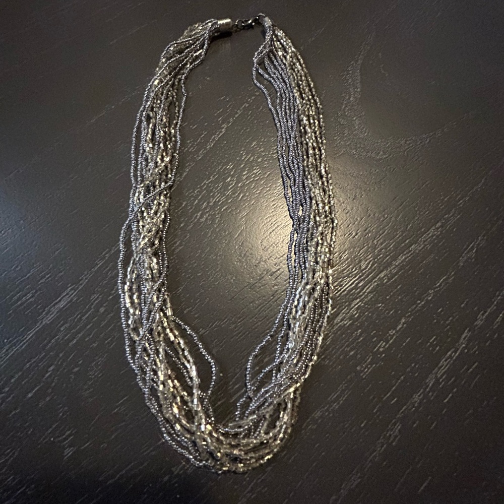 Silver beaded multi strand necklace shorter size see length in photos